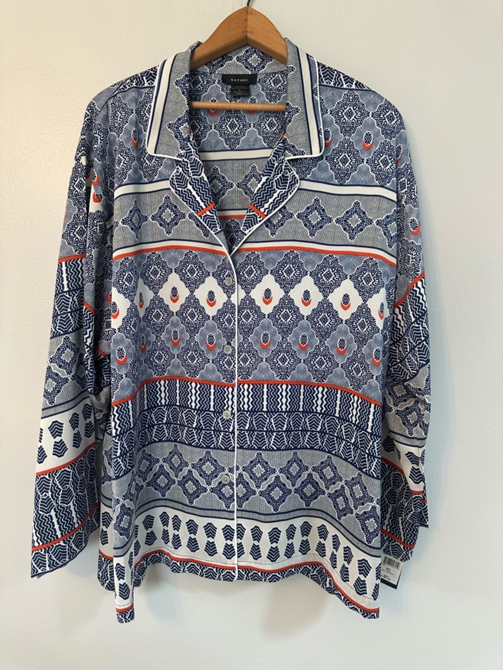 NWT Natori Navy, White & Coral Geometric Button-Up Pajama Top Size XL